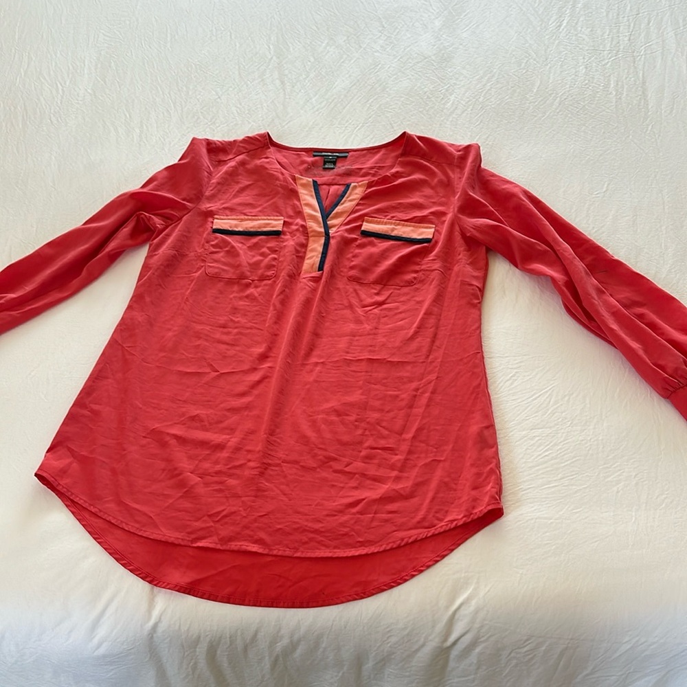 long sleeve blouse peach and navy blue color, 100% polyester made in Indonesia
